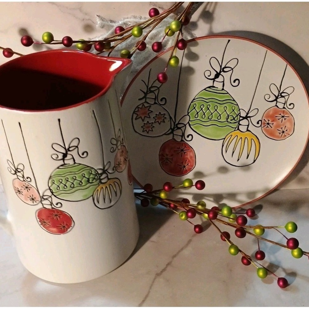 New HOMESTYLEZ  2019 Christmas Ornament  Holiday Plate & Pitcher Retro‎ Style 8"